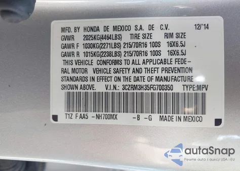 2015 Honda Cr-V Lx from USA, damaged, VIN 3CZRM3H35FG700350